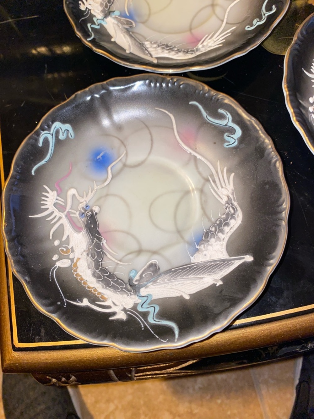 Decorative Dragon Ware Ceramic Plates - Black, Cream, Blue Accents 5.7” - Picture 4 of 8